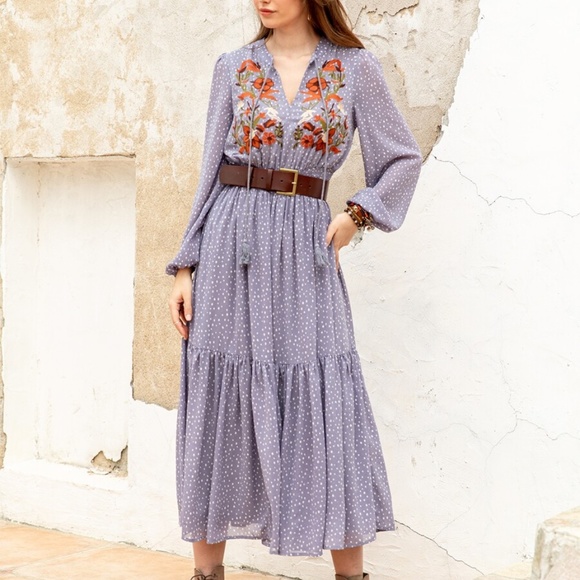 Boho Embroidered Floral Polka Dot Ruffle Dress - Picture 4 of 15